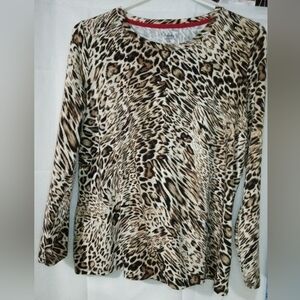 Rafaella Leopard Print Long Sleeve Top Size Large Brown Animal Print Crew Neck